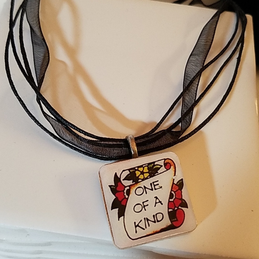 One of Kind Wood Square Sheer Multi-Layer Ribbon Necklace 16"